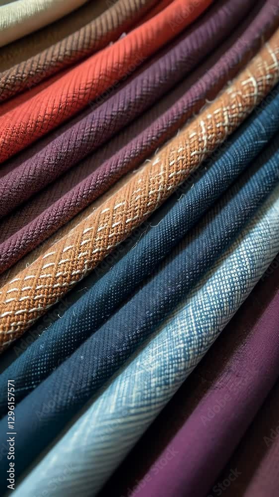 Poster a stack of different colored fabrics. the fabrics are blue, red, and brown. the stack is in a circle