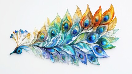 Intricate peacock feather illustration, stained glass watercolor style, glowing jewel tones, crisp edges, centered on a plain white background 