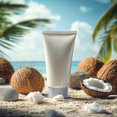 The image shows a white tube of lotion or cream placed on a sandy beach with coconuts and rocks in the background. The scene is under a clear blue sky with palm trees visible, suggesting a tropical 