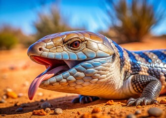Fototapeta premium Blue-Tongued Skink (Tiliqua rugosa) in Focus, Southern Australia - Detailed Reptile Portrait