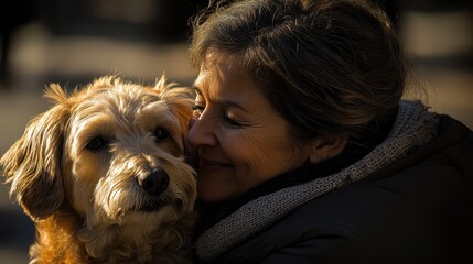 In a vibrant Madrid park, bathed in the golden light of a sunny day, a beautiful woman bursts into laughter as her beloved pet, a scruffy dog with soulful eyes, licks her face adoringly. The dog