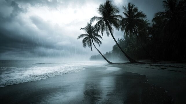 A rainy day at the beach with palm trees