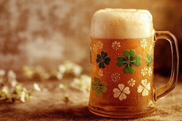 St Patrick's day beverage in mug with bubbles. Celebratory drink at an Irish event or party, featuring traditional clovers and shamrocks.