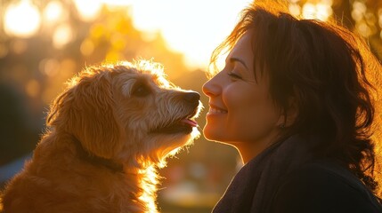 In a vibrant Madrid park, bathed in the golden light of a sunny day, a beautiful woman bursts into laughter as her beloved pet, a scruffy dog with soulful eyes, licks her face adoringly. The dog