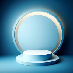 Minimal circular podium production cut for display with blue-toned backgrounds and products as a whole