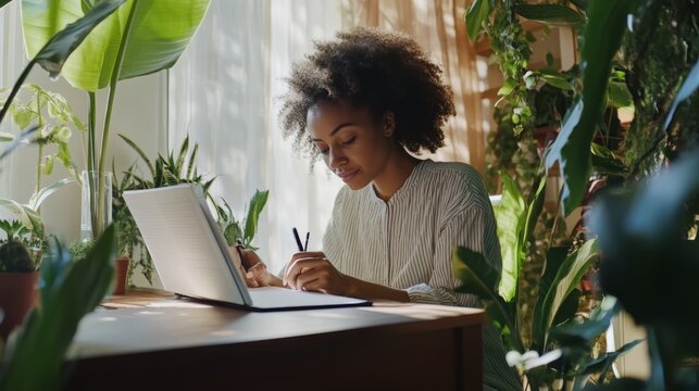 Rare illness patient reflecting on a wellness journal at a desk. Featuring personal growth and healing