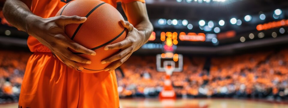 Basketball player prepares to shoot during a game in a packed arena filled with cheering fans at night