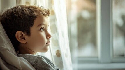Rare illness patient reflecting while sitting near a window. Featuring quiet contemplation and hope
