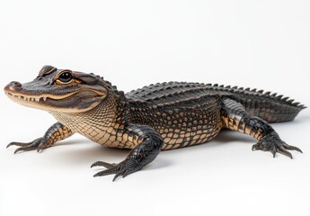 Fototapeta premium Realistic close-up of a small alligator resting on a white background showcasing intricate textures and details of its skin and eyes.
