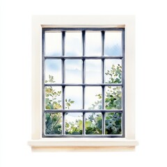 Fototapeta premium Watercolor window view inside a cozy room art piece nature elements bright daylight serenity concept, isolated on white background