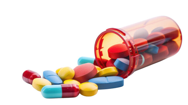Colorful pills spilling from prescription bottle on transparent background