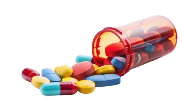 Colorful pills spilling from prescription bottle on transparent background