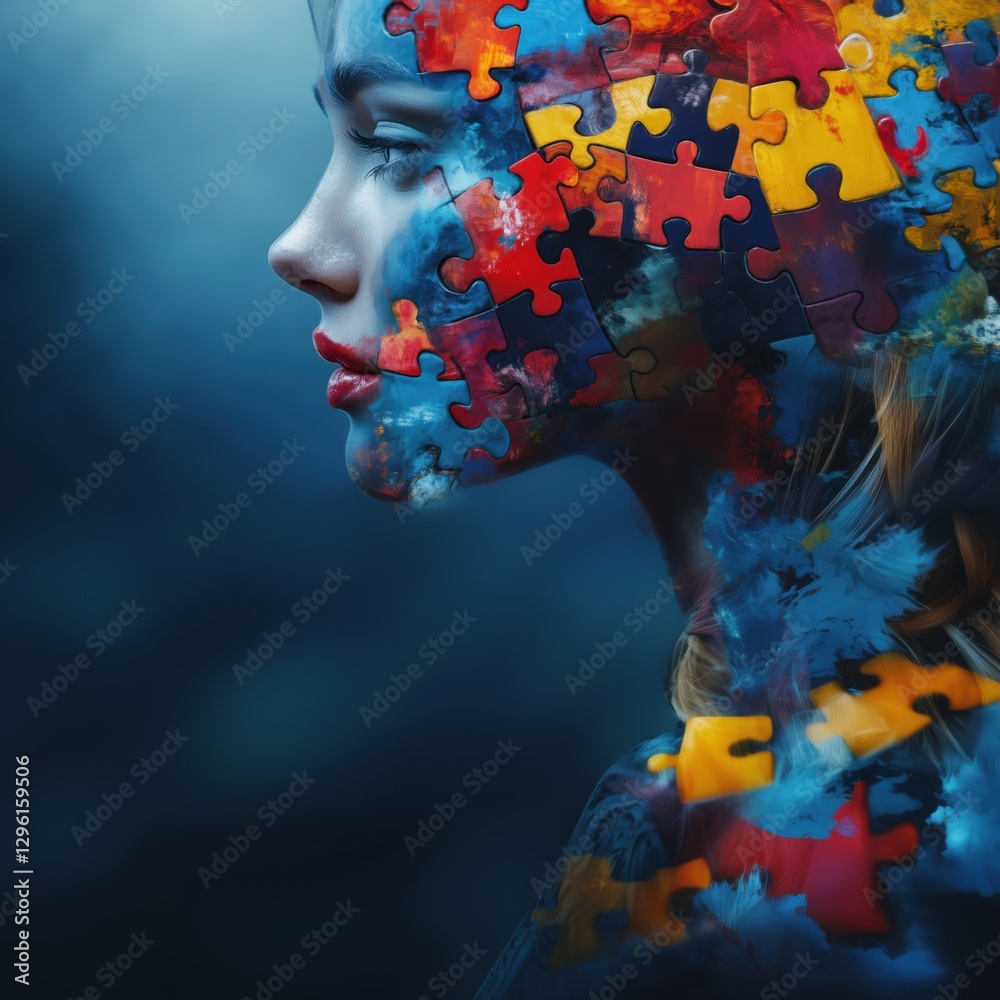 Fototapete portrait of a woman with puzzle pieces representing complexity and identity, copy space for text