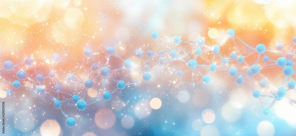 Poster abstract molecular structure with glowing particles and soft bokeh background, copy space for text