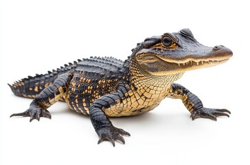 Fototapeta premium Realistic close-up of a young crocodile on a plain white background showcasing its detailed scales and vibrant colors for wildlife and nature photography