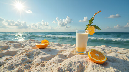 Obraz premium A cold, tropical cocktail of orange in a glass, with ice and a straw, enjoyed on the summer beach by the sea