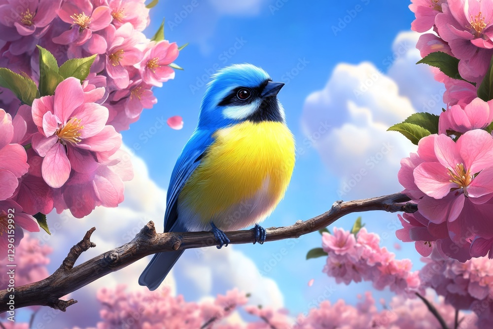 Poster a small bird perched on the branch of an apple tree, surrounded by blooming flowers and soft sunligh