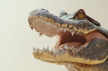 Fototapeta premium Realistic close-up of an alligator head showing sharp teeth and intense gaze against a neutral background for wildlife and nature themes