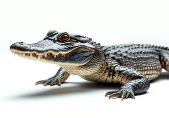 Fototapeta premium Realistic close-up of an alligator reptile with textured skin and sharp teeth displaying natural features against a plain background