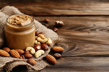 nuts butter in jar with fresh nuts, generated AI