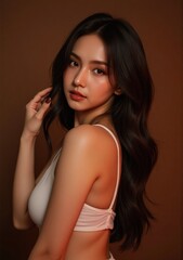 Fototapeta premium stunning model with long, sleek black hair, shining under studio lights, striking a sensual pose against a brown backdrop, her hair adding a touch of sophistication