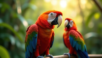 Colorful macaw perched on a branch among tropical foliage in a vibrant garden setting