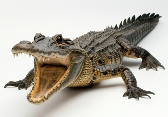 Naklejka premium Realistic Close-Up of an Open-Mouthed Alligator with Sharp Teeth and Detailed Textures Against a Clean White Background