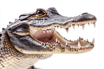 Fototapeta premium Realistic close-up of an open-mouthed crocodile showcasing sharp teeth and textured skin on a white background for educational or wildlife projects