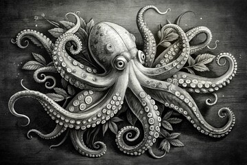 Botanical Line Art Octopus: Black and White Animal Illustration, Nature Inspired Drawing