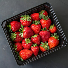 fresh ripe strawberries inside black plastic box
