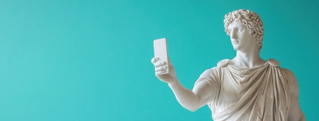 Statue of a Greek figure taking a selfie against a vibrant turquoise background in a modern art setting