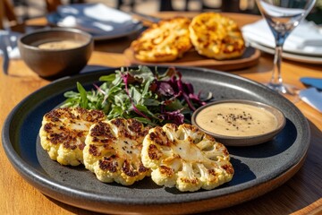Grilled Cauliflower Steaks with Salad and Sauce on Table Setting