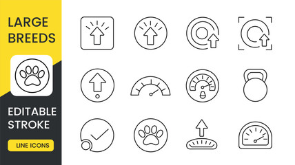 A set of vector icons representing large breeds, featuring symbols of weight and growth, indicators of size and strength, paws and check marks, with an editable stroke