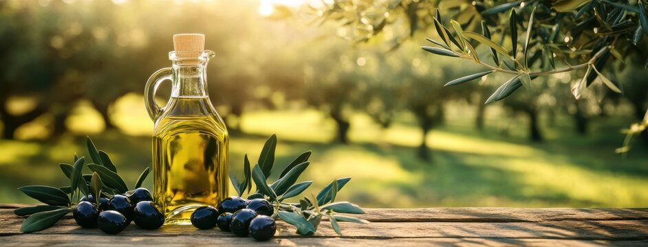 Bottled olive oil sits next to fresh olives under the warm sunlight in an olive grove during late afternoon