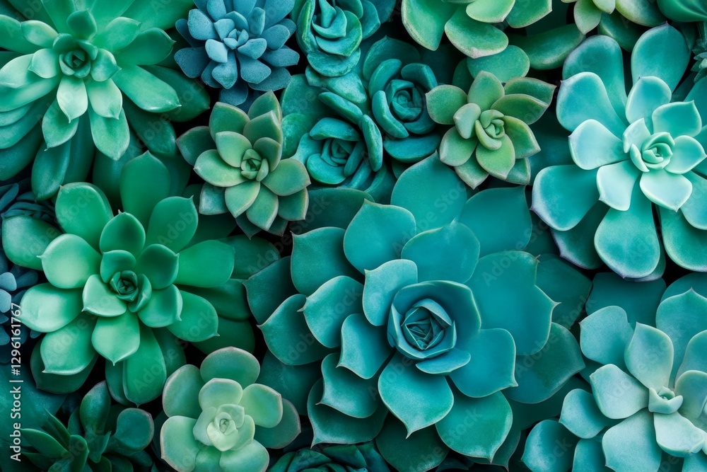 Poster a top view of succulents in shades of teal and emerald, with dark green leaves in the background. th