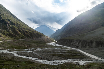 Beautiful landscape with Himalayan mountains near Gumri village. It is on the NH 1 Srinagar-Leh highway near the union territory of Ladakh in India.