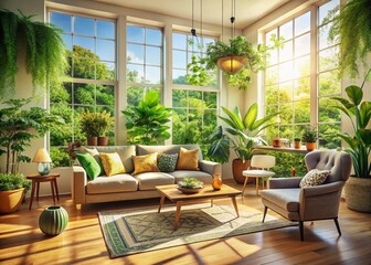 Bright Living Room Interior Design with Lush Greenery and Comfortable Furniture - Panoramic Stock Photo