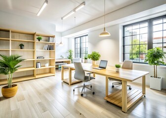 Fototapeta premium Bright Modern Open Plan Office Corner, Long Exposure Photography, White Walls, Wooden Furniture