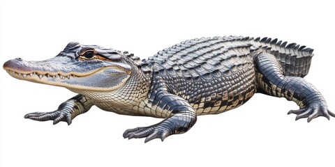 Naklejka premium Realistic crocodile sculpture with intricate skin detail showcasing natural habitat elements and lifelike texture on a neutral background