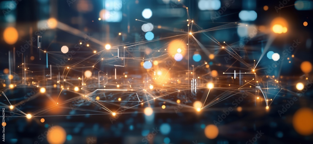 Poster abstract digital network with glowing connections and data visualization elements, copy space for te