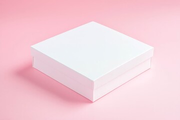 White square box mockup with a minimalistic design on a pastel pink background.