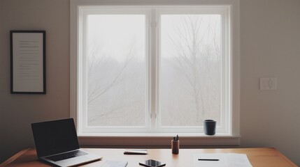 Fototapeta premium Minimalist workspace showcasing intentional technology use with a sleek laptop and smartphone in natural light