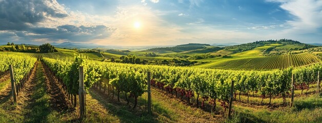 Sunset over rolling vineyards with lush green grapevines in a tranquil countryside landscape