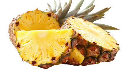 Sliced pineapple showing juicy yellow flesh on transparent background