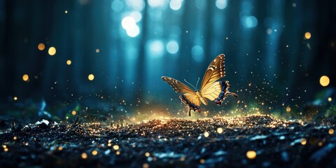 Magical butterfly taking flight from glowing forest ground.