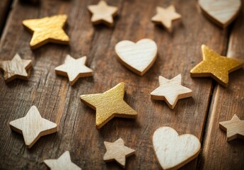 Wooden Stars and Hearts on Rustic Wooden Background for Decoration