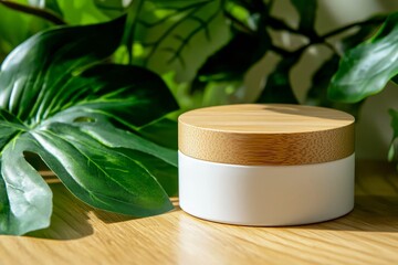Mockup of a white cosmetic jar with a wooden lid on a green leaf background.