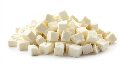 A bunch of finely cubed Parmesan cheese, ideal for seasoning and adding to dishes.