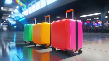 Three suitcases, their handles gleaming, sit in a row on a busy airport terminal, symbolizing the anticipation and excitement of travel, a vibrant representation of the concept in a 3D rendering.