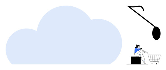 Large blue cloud symbol with a person packing items into a shopping cart, a fishing hook above. Ideal for cloud storage, online shopping, digital security, data transfer, e-commerce security, cyber